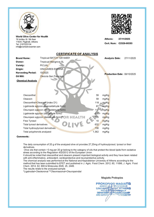 High Polyphenol Cold Pressed Organic Extra Virgin Olive Oil