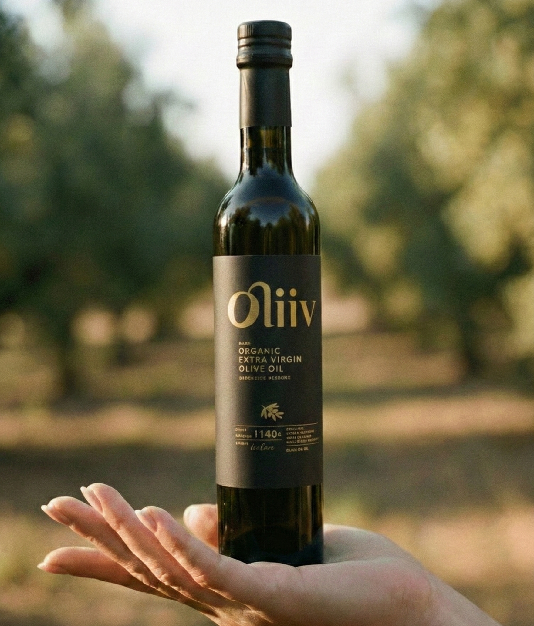 Bottle of Oliiv on a persons hand in an olive grove