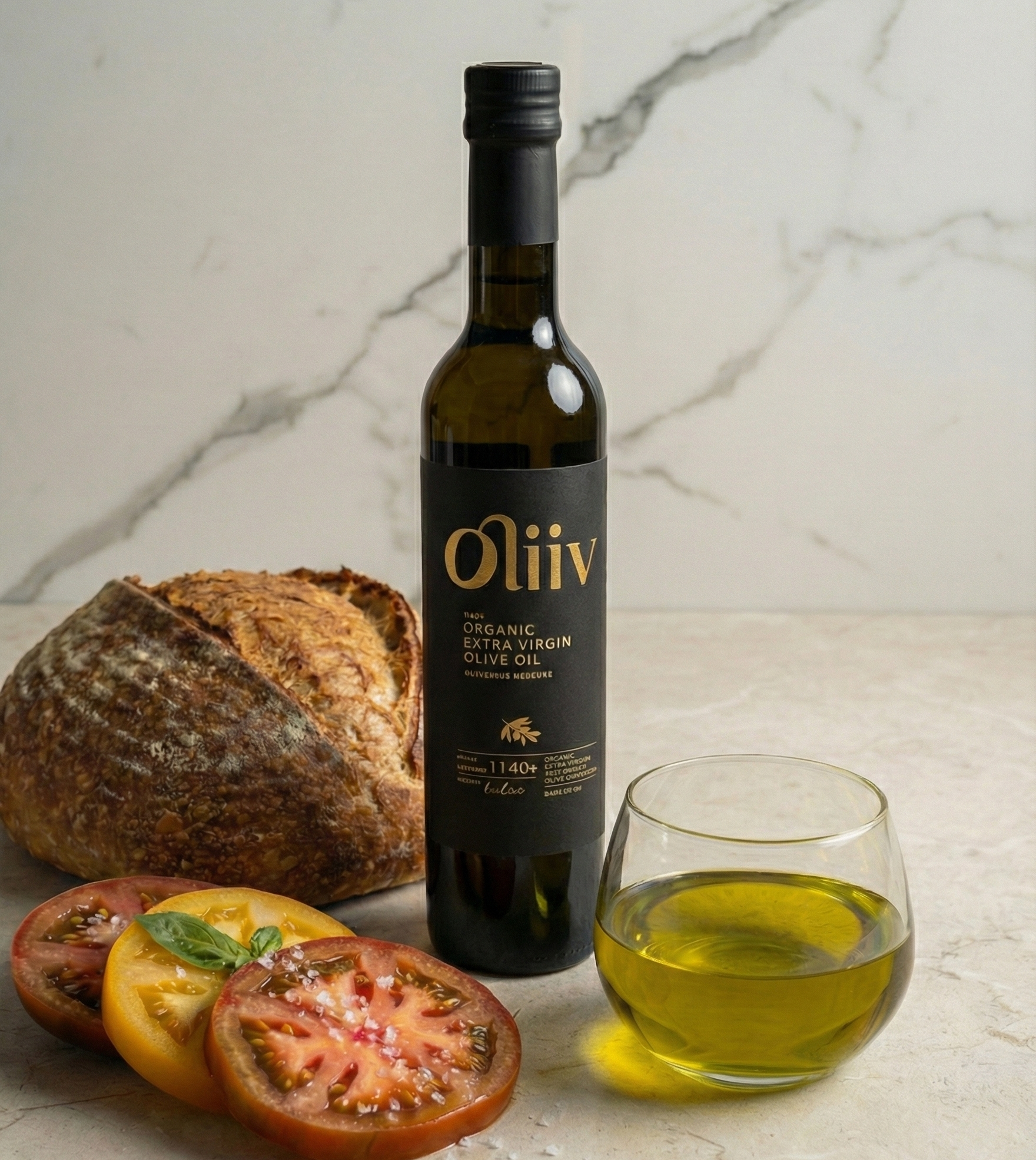 Oliiv extra virgin olive oil in a kitchen with bread and tomatoes